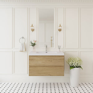 English Elm 36'' Floating Vanity Fluted Front Smoked Walnut Soft Close Drawer Quartz Basin Oak W1920P385481