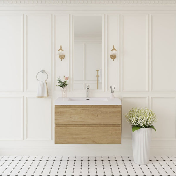 English Elm 36'' Floating Vanity Fluted Front Smoked Walnut Soft Close Drawer Quartz Basin Oak W1920P385481