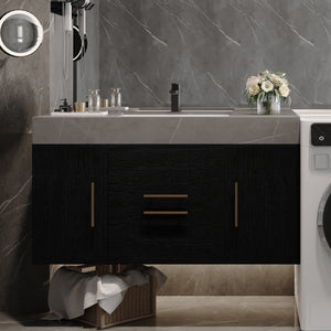 English Elm 39.4 Modern Floating Bathroom Vanity with Armani Grey Sintered Stone Top, Ceramic Sink & Storage Elegance W3136S00024