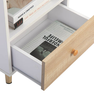 English Elm 2 Bedside Cupboard with Drawer and Shelf, White Nightstand with Pine Legs, Compact 15.75"L x 12"W x 21.5"H, Modern Storage Solution W2181P357561