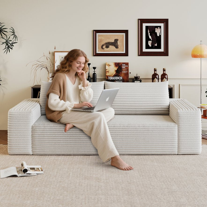 English Elm 63" Corduroy Loveseat Sofa Deep Seat 600lb Capacity Ergonomic Backrest Plush White Fabric W2824P321235