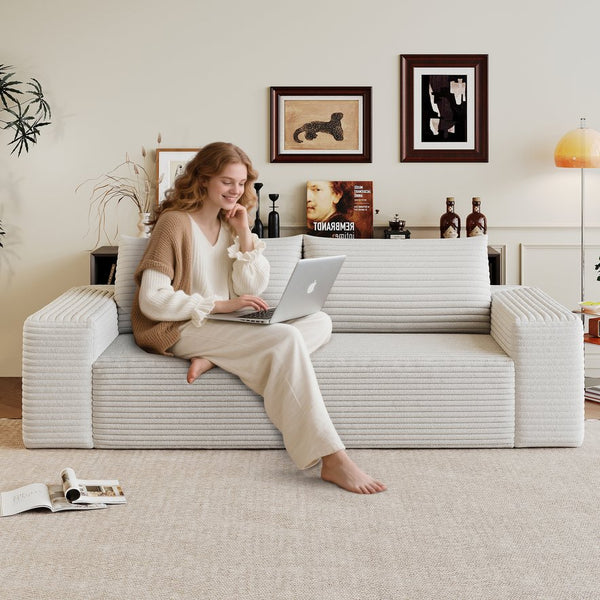 English Elm 63" Corduroy Loveseat Sofa Deep Seat 600lb Capacity Ergonomic Backrest Plush White Fabric W2824P321235
