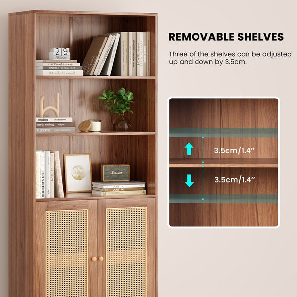 English Elm Tall Rattan Door Bookcase with 5 Shelves — Stylish Tall Storage Shelf for Living Room Office LibraryBedroom Natural T3623P379909