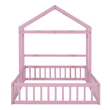 English Elm Wooden Floor Bed With Fence Railings and Detachable House Shape Headboard,Full Size Bed With Kids Dress Up Rack, Kids Montessori Style Playhouse Frame For Girls Boys, Pink