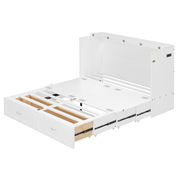 English Elm Queen Murphy Wall Bed with Drawers Usb Charging Ports Pulley Lift Mdf Cabinet White LP100671AAK-1