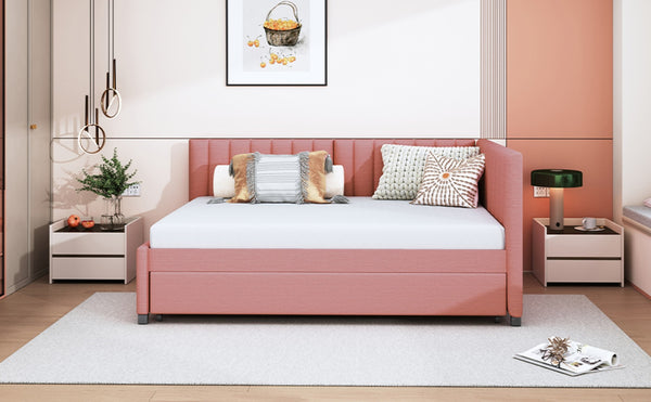 English Elm Full Size Linen Upholstered Daybed with Pull Out Trundle Sofa Frame for Bedroom Pink LP000173AAH-1