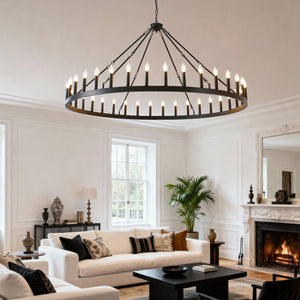 English Elm 63.8 Inch 36-light Wagon Wheel Chandelier Matte Black Farmhouse Fixture for High Ceilings W5008P388929