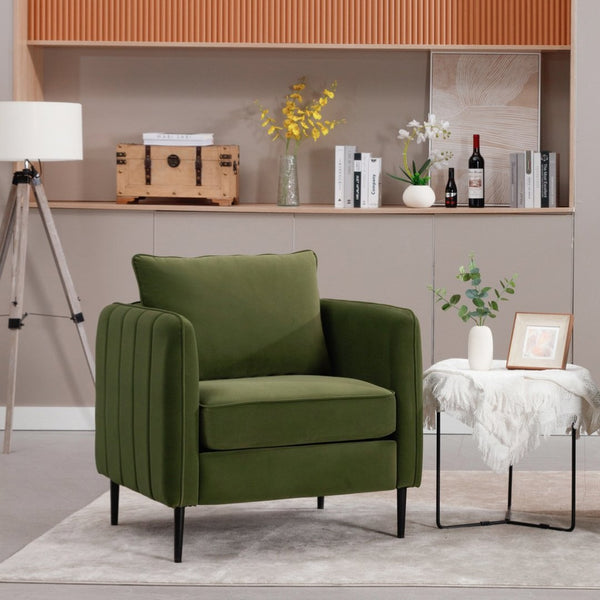 English Elm Accent Velvet Armchair Mid-century Modern Plush Seat with Metal Legs for Any Room Green W3244P325833