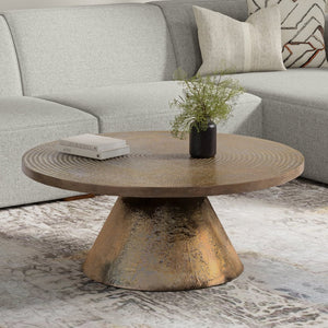 English Elm Michelle Round Cast Aluminum Coffee Table Vintage Brass Pedestal Base Living Room B136P429080