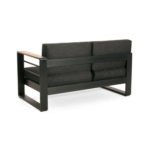 English Elm Christopher Knight Home® - Giovanna V Shaped Sofas - Black Aluminum Outdoor Conversation Set with Water-Repellent Cushions, Slat Design, Coffee Table Included GIOVANNA-4PCS