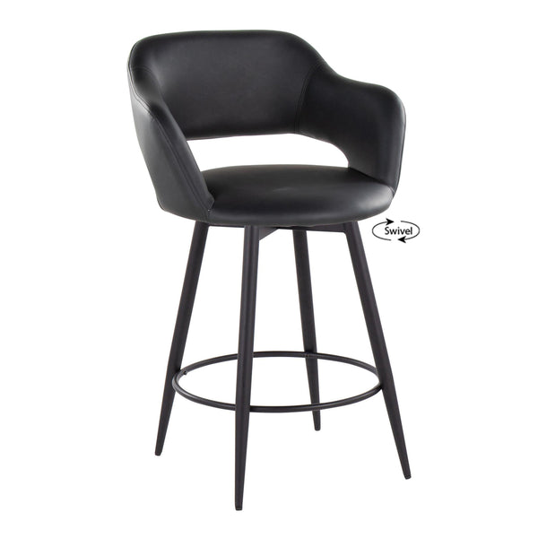 English Elm Margarite 26" Counter Stool Set of 2 — Matte Black Faux Leather Swivel, Armrests, Round Footrest B202S00348