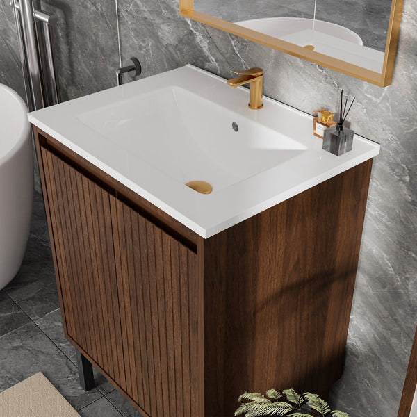 English Elm 24 Compact Bathroom Vanity with Sink — Floor-Standing Stability, Soft-Close Drawers, Large Storage, Durable Finish Walnut 29.13 L x 6.49 W x 26.37 H W3520S00012