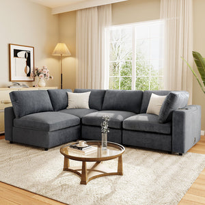 English Elm U-style 113" Upholstered Modular Sofa with Built-In Bluetooth Audio, Wireless Charging & Storage Grey WY000457AAE