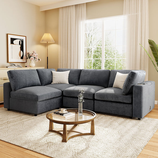 English Elm U-style 113" Upholstered Modular Sofa with Built-In Bluetooth Audio, Wireless Charging & Storage Grey WY000457AAE