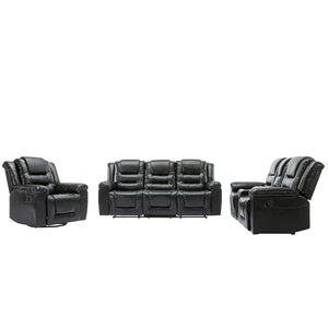 English Elm Home Theater Recliner Set Manual recliner with wide armrests, dual cup holders, durable PU upholstery, sturdy iron frame and foam comfort for living room and bedroom relaxation Black SG001460AAB