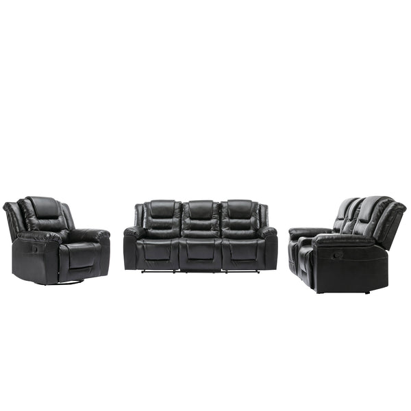 English Elm Home Theater Recliner Set Manual recliner with wide armrests, dual cup holders, durable PU upholstery, sturdy iron frame and foam comfort for living room and bedroom relaxation Black SG001460AAB