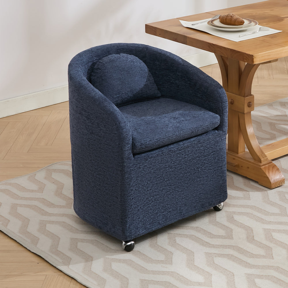 English Elm 059-Set Chenille Fabric Dining Armchair with Ergonomic Back Cushion, 360° Swivel & Smooth Wheels, Upholstered Comfort for Indoor Spaces Blue W527P242556