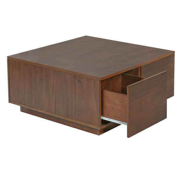 English Elm 33.25" Square Coffee Table with 4 Drawers — Minimalist Modern MDF Design, Space-Saving Durable Centerpiece Walnut N735P277298D