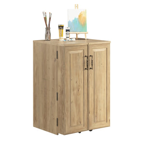 English Elm Craft Station with Drop-Leaf Extension, Brown Khaki Pine Finish — Compact Crafting Workstation w/ Storage B356P402737