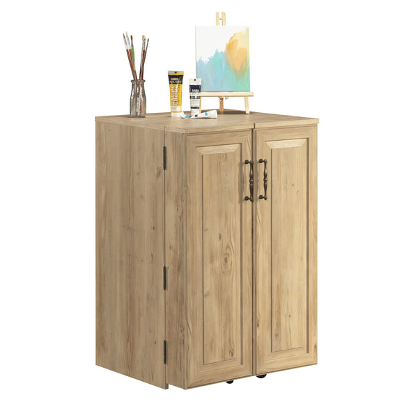 English Elm Craft Station with Drop-Leaf Extension, Brown Khaki Pine Finish — Compact Crafting Workstation w/ Storage B356P402737