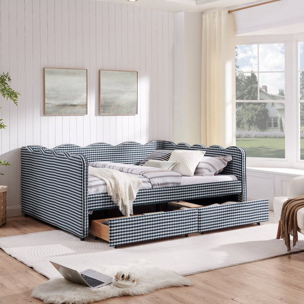 English Elm Queen Gingham Linen Daybed with Wave Backrest Two Storage Drawers and Usb Port Navy Blue W1413S00152