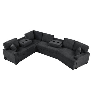 English Elm 126" L-shaped Sectional Sofa with Pull-Out Bed, Built-In USB Charging & Cup Holders, Chenille Upholstery Black+Blue N719S001530C