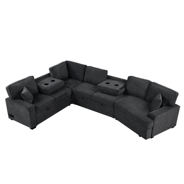 English Elm 126" L-shaped Sectional Sofa with Pull-Out Bed, Built-In USB Charging & Cup Holders, Chenille Upholstery Black+Blue N719S001530C