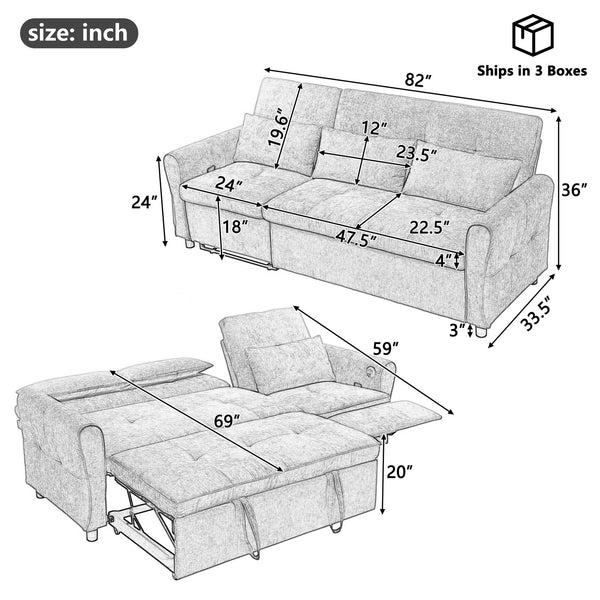 English Elm 2-in-1 Sofa Pull-Out Sleeper with Reversible Recliner, USB Ports, Tufted Curved Arms, 82" Comfort Beige N719S002010A