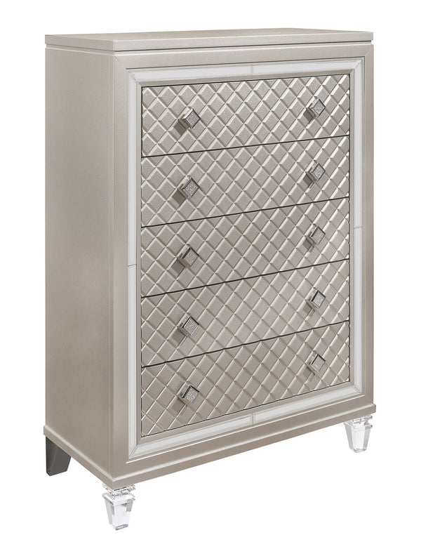 English Elm CROSS Glam Champagne Chest with Jewel Hardware & Mirror Accents, Acrylic Legs, Spacious Drawers B201P215895