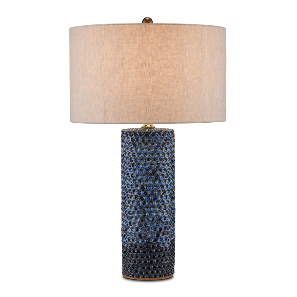 Polka Dot Blue Table Lamp - Modern Ceramic Design with Natural Linen Shade and Reactive Glaze Finish