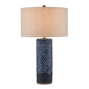 Polka Dot Blue Table Lamp - Modern Ceramic Design with Natural Linen Shade and Reactive Glaze Finish