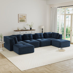 English Elm Modern Corduroy Modular Sectional with Tufted Cushions Two Ottomans Living Room Blue W714S01806