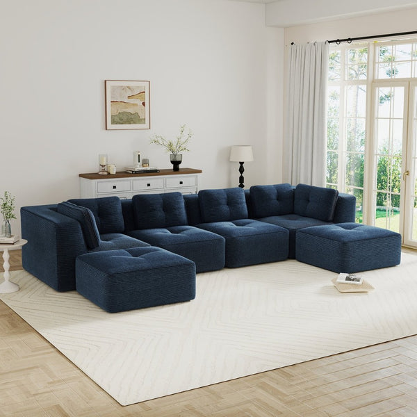 English Elm Modern Corduroy Modular Sectional with Tufted Cushions Two Ottomans Living Room Blue W714S01806