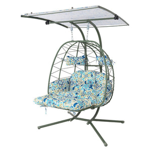 English Elm 2-person Outdoor Wicker Egg Chair Hanging Swing with Canopy Stand and Cushions Dark Green T5880P502255
