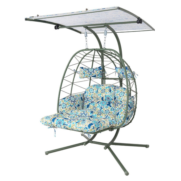 English Elm 2-person Outdoor Wicker Egg Chair Hanging Swing with Canopy Stand and Cushions Dark Green T5880P502255