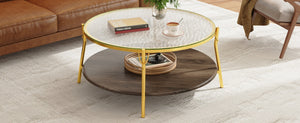 English Elm Modern 47.2" Rectangular Coffee Table with Sleek Black Top, Gold Metal Base and Four Drawers for Stylish Storage and Durable Contemporary Living Room Furniture Gold+Glass,Walnut N735P350390D