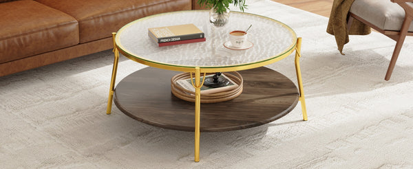English Elm Modern 47.2" Rectangular Coffee Table with Sleek Black Top, Gold Metal Base and Four Drawers for Stylish Storage and Durable Contemporary Living Room Furniture Gold+Glass,Walnut N735P350390D