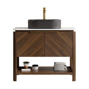 English Elm Dina Floating Bathroom Vanity Sintered Stone Top Glass Basin Striped Plywood Cabinet W2615S00722