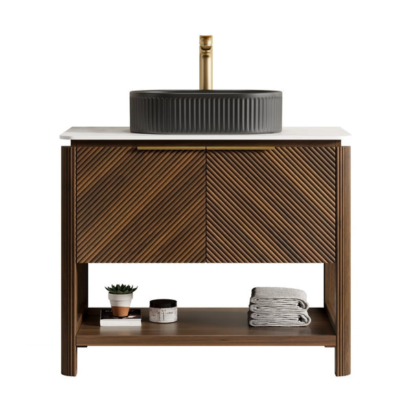 English Elm Dina Floating Bathroom Vanity Sintered Stone Top Glass Basin Striped Plywood Cabinet W2615S00722