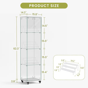 English Elm 4 Tier Glass Display Cabinet - Lockable, Mobile Showcase With 3 Acrylic Shelves For Home Or Office Decor W1668P241903