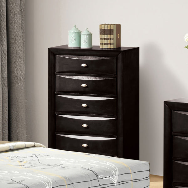 English Elm Black 5-Drawer Chest in Soft Black Finish with Nickel Oval Knobs, Transitional Durable Wood Design B2741P372201