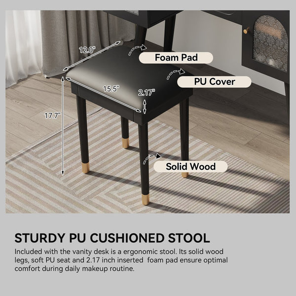 English Elm Elegant Vanity Makeup Table with Charging Station & Carved Glass Door, Sturdy Stool Included Black N844P285188B