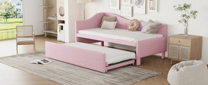 English Elm Twin L-shaped Linen Upholstered Daybed with Hydraulic Pop-up Trundle for Guest Rooms Pink SF000193AAH-1