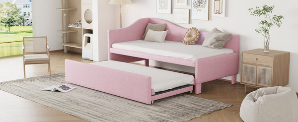 English Elm Twin L-shaped Linen Upholstered Daybed with Hydraulic Pop-up Trundle for Guest Rooms Pink SF000193AAH-1