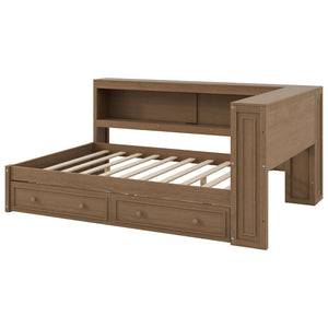 English Elm Full Pine Platform Daybed with Led Lighting Usb Charging Headboard Shelf and Drawers Wood N7090004032D