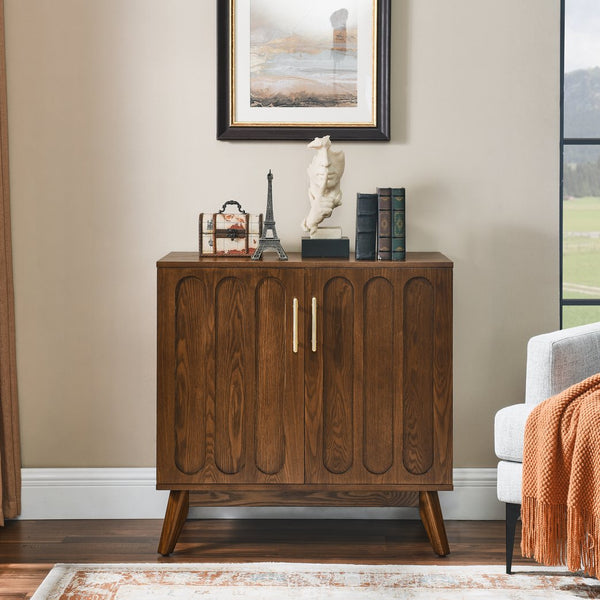English Elm Mid Century Modern Fluted Sideboard Cabinet - Stylish Walnut Buffet With Adjustable Storage Shelves W1801P195608