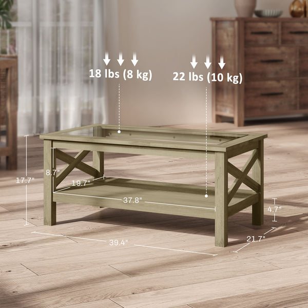English Elm HOMCOM Modern Farmhouse Glass Coffee Table with Tempered Top, Lower Storage Shelf & X-Frame Design Gray W2225P229135