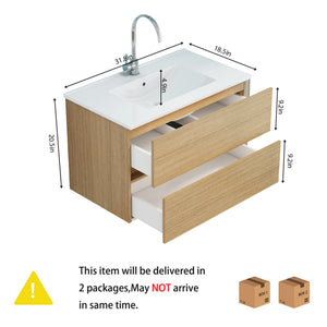 English Elm 32-Inch Wall-Mounted Bathroom Vanity With Soft-Close Drawers, Ceramic Sink & Modern Design Finish W3151S00041