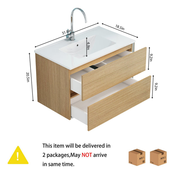 English Elm 32-Inch Wall-Mounted Bathroom Vanity With Soft-Close Drawers, Ceramic Sink & Modern Design Finish W3151S00041