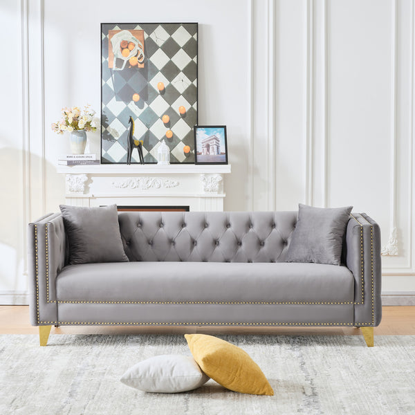 English Elm Chesterfield Velvet Sofa - Luxurious 3-Seat Deep Tufted Couch With Nailhead Trim For Modern Spaces W3373S00033